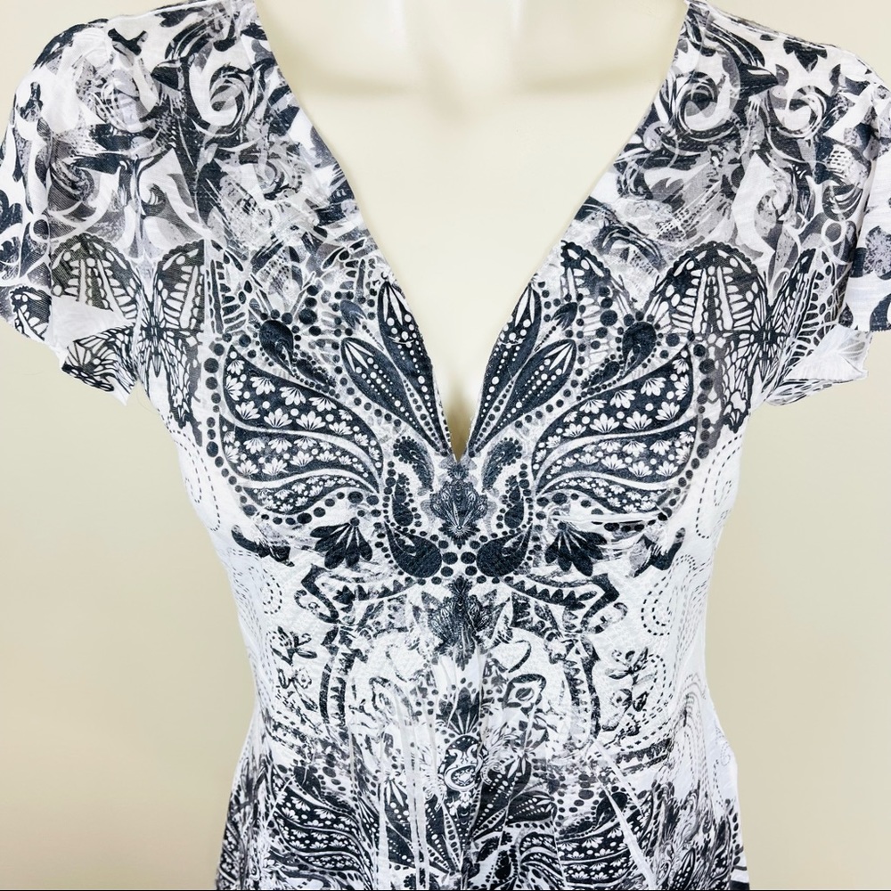 APT 9 blouse MODERN Striking FLORAL V NECK silky sheen LONGER LENTGH feminine - Picture 8 of 12